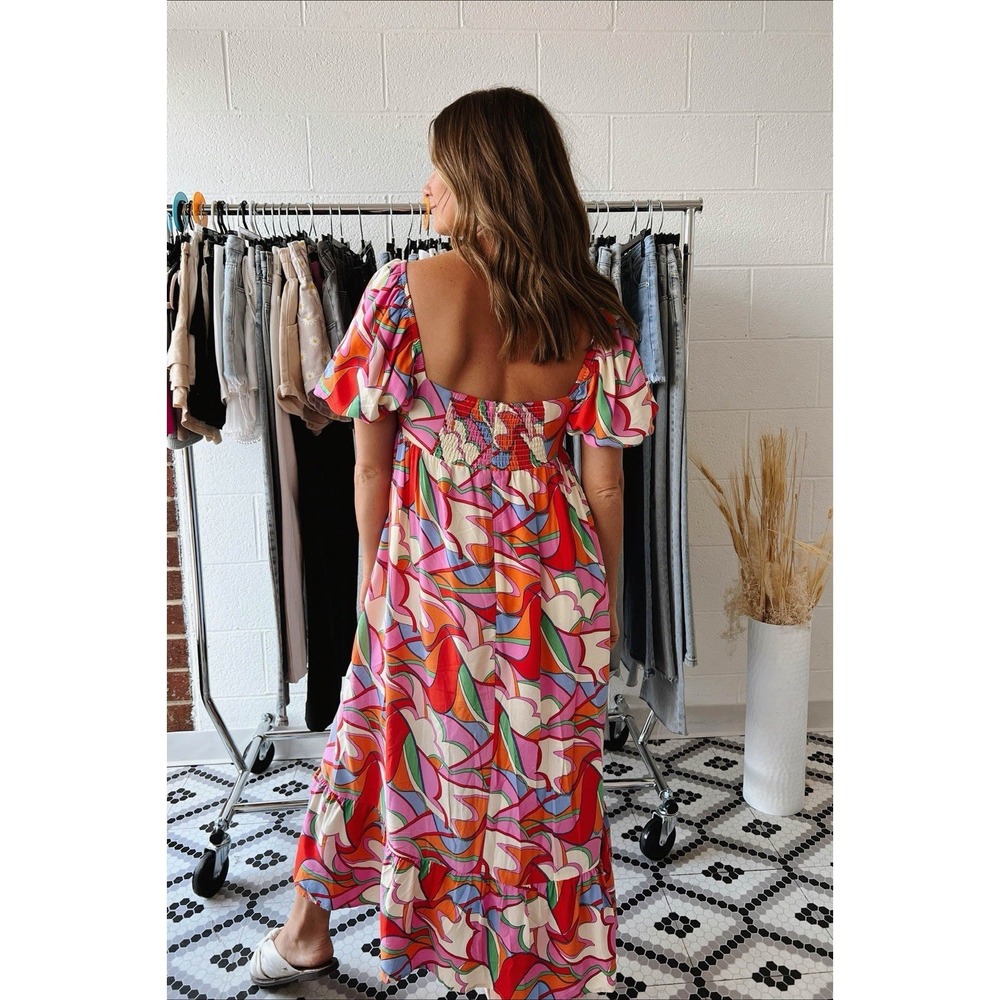 Storia Puff Sleeve Abstract Print Midi Dress Colorful Babydoll Size Large